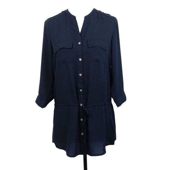 The Limited Top Tunic Navy Blue Button Front Cuffs Tie Waist Small - Picture 2 of 7